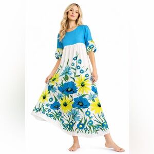 Unique Vintage Handmade Floral Maxi Dress Blue Yellow Boho Cottagecore Prairie